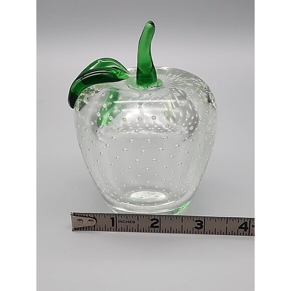 Art Glass Apple Bullicante Paperweight Clear Green Stem 4.5" Contolled Bubbles - Picture 8 of 12